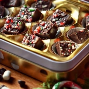 Chocolate fudge in a candy box, surrounded by mini marshmallows and chocolate chips.