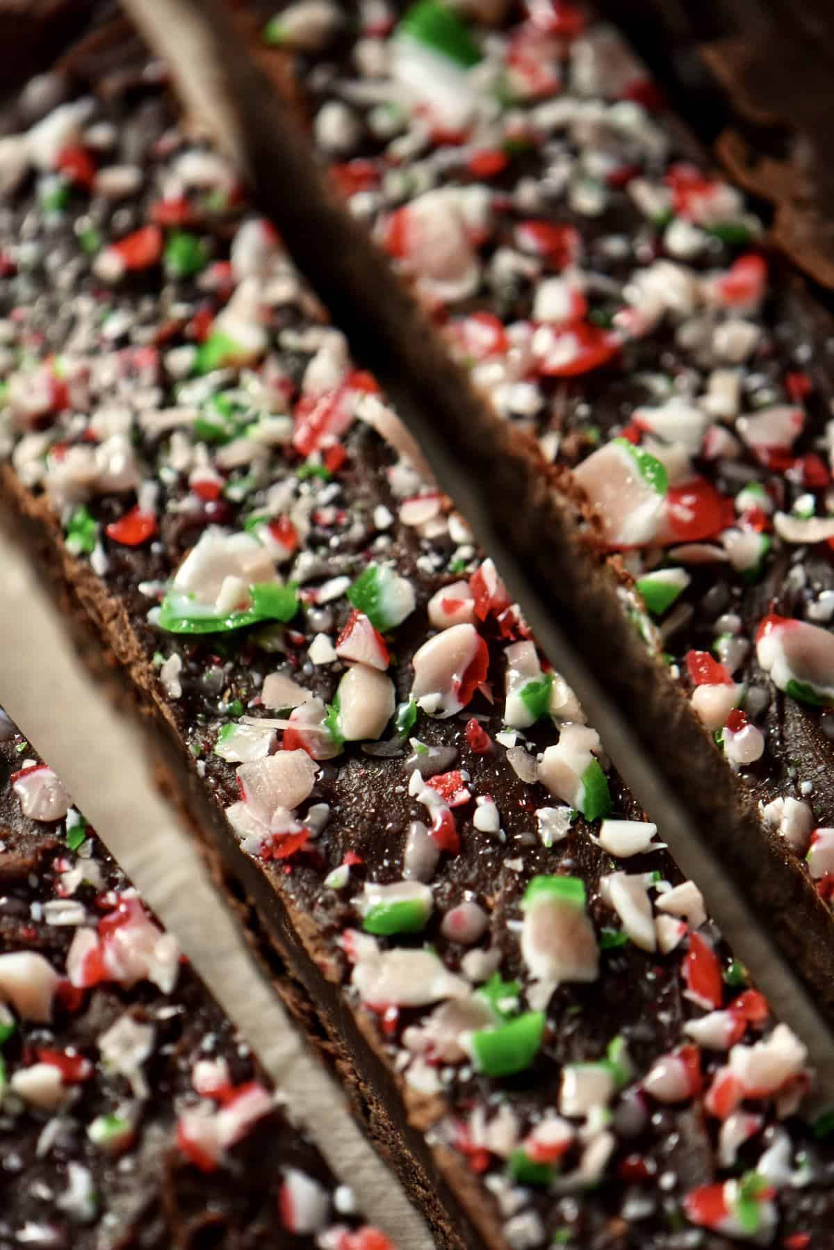 Strips of peppermint topped chocolate fudge. 