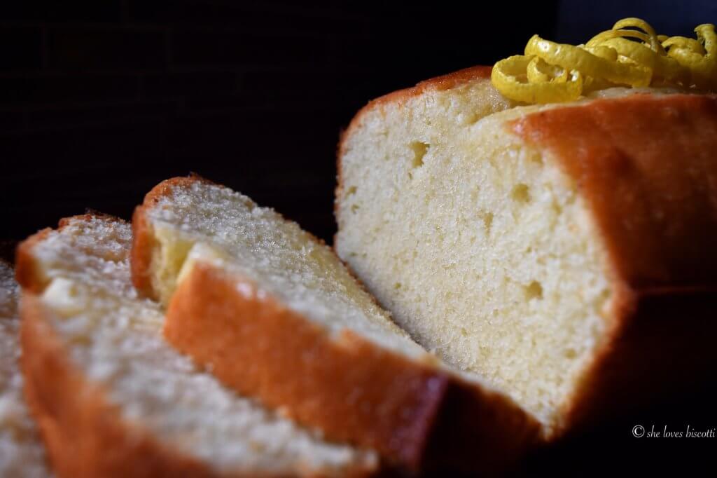 Close up of a sliced Lemon Loaf.