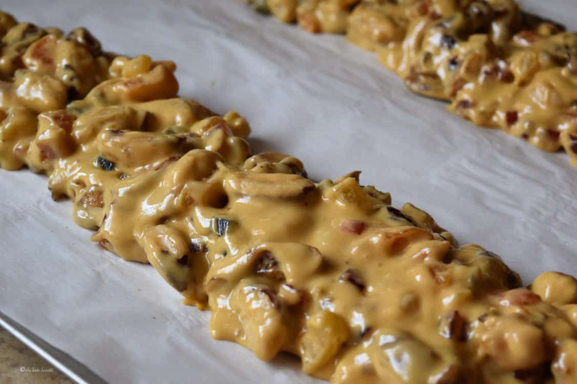 Biscotti dough in a log form, prior to baking.