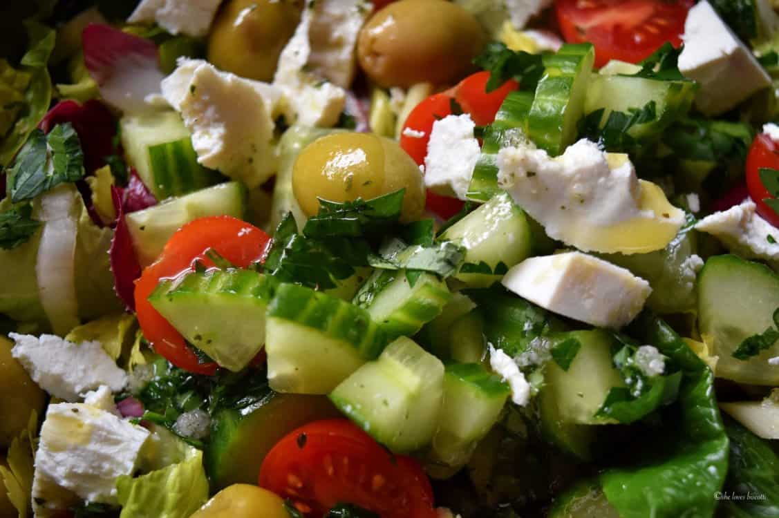 A close up shot of the Best Italian Chopped Salad Greens.