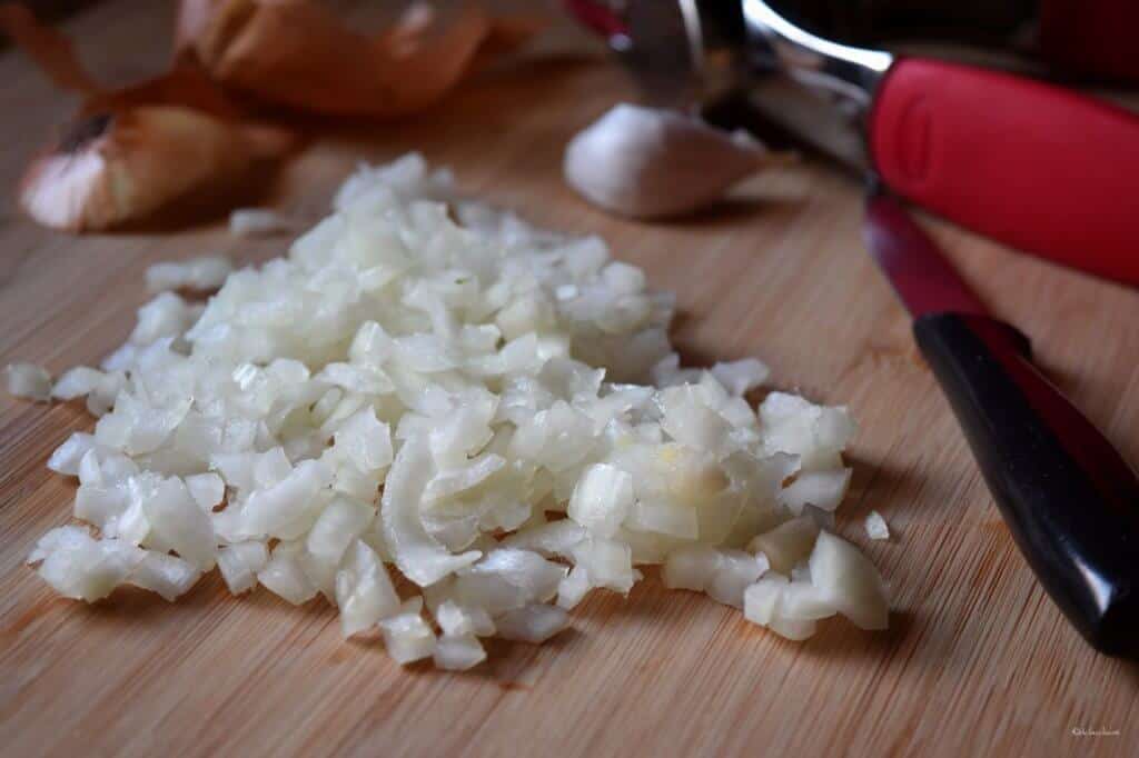 Minced onions ready to be sauteed.