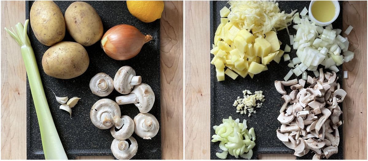 A photo collage of vegetables to make a cod chowder.