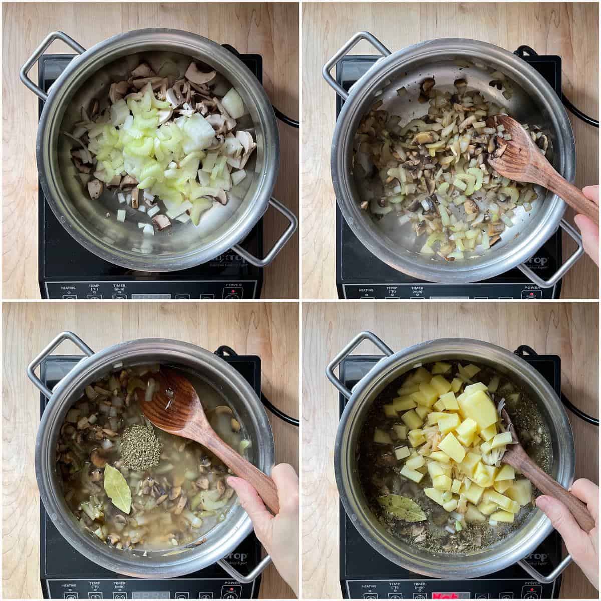 A photo collage of vegetables being sauteed to make chowder.