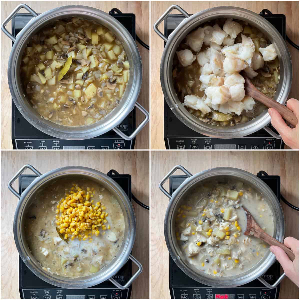 A photo collage of chunky pieces of cod fish being added to the chowder.