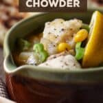 A bowl of chunky cod fish chowder.