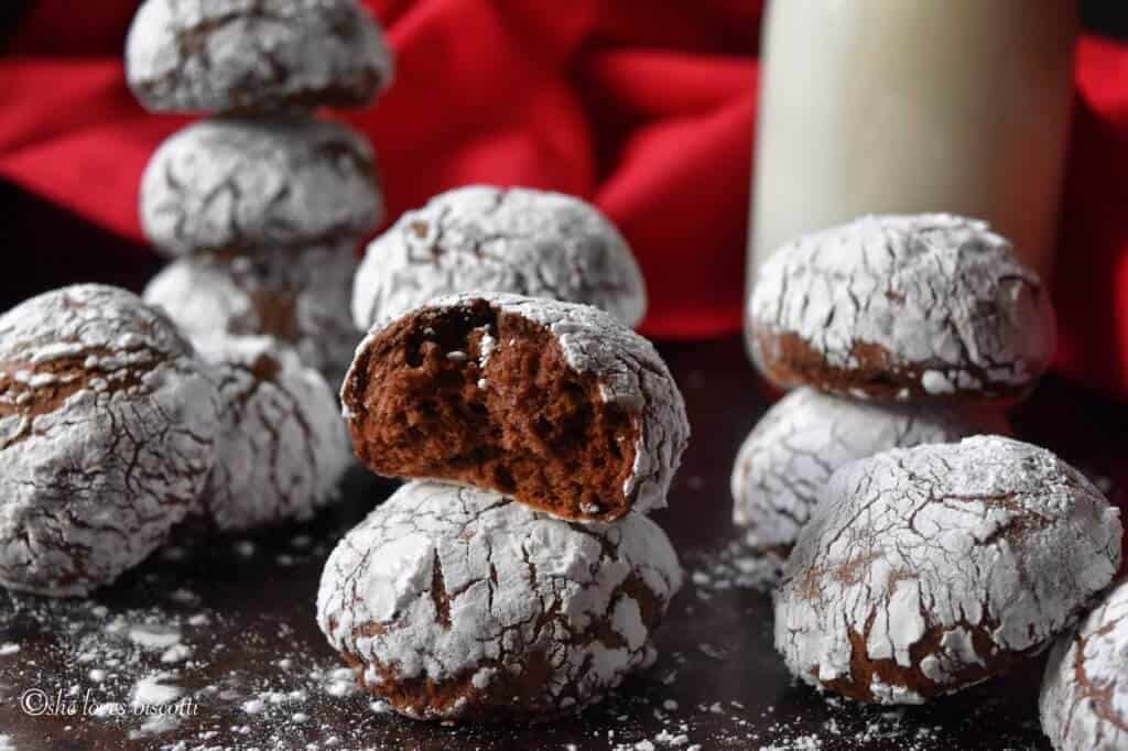 The chocolate interior of a cookie is seen.
