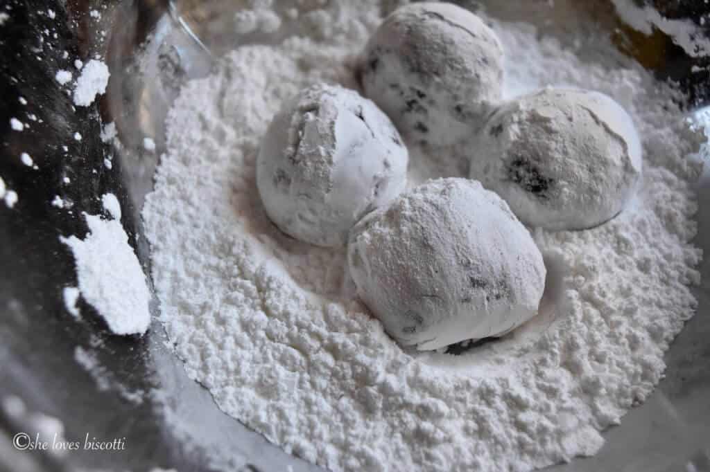 Drop cookies rolled in icing sugar.