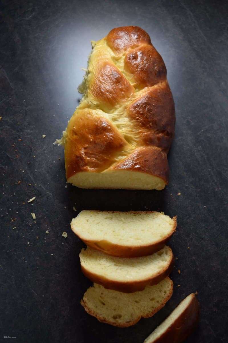 A top view of a sliced Italian Easter Sweet Bread.