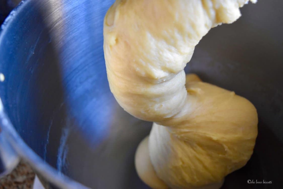 Picture of taralli dough in the mixture bowl.