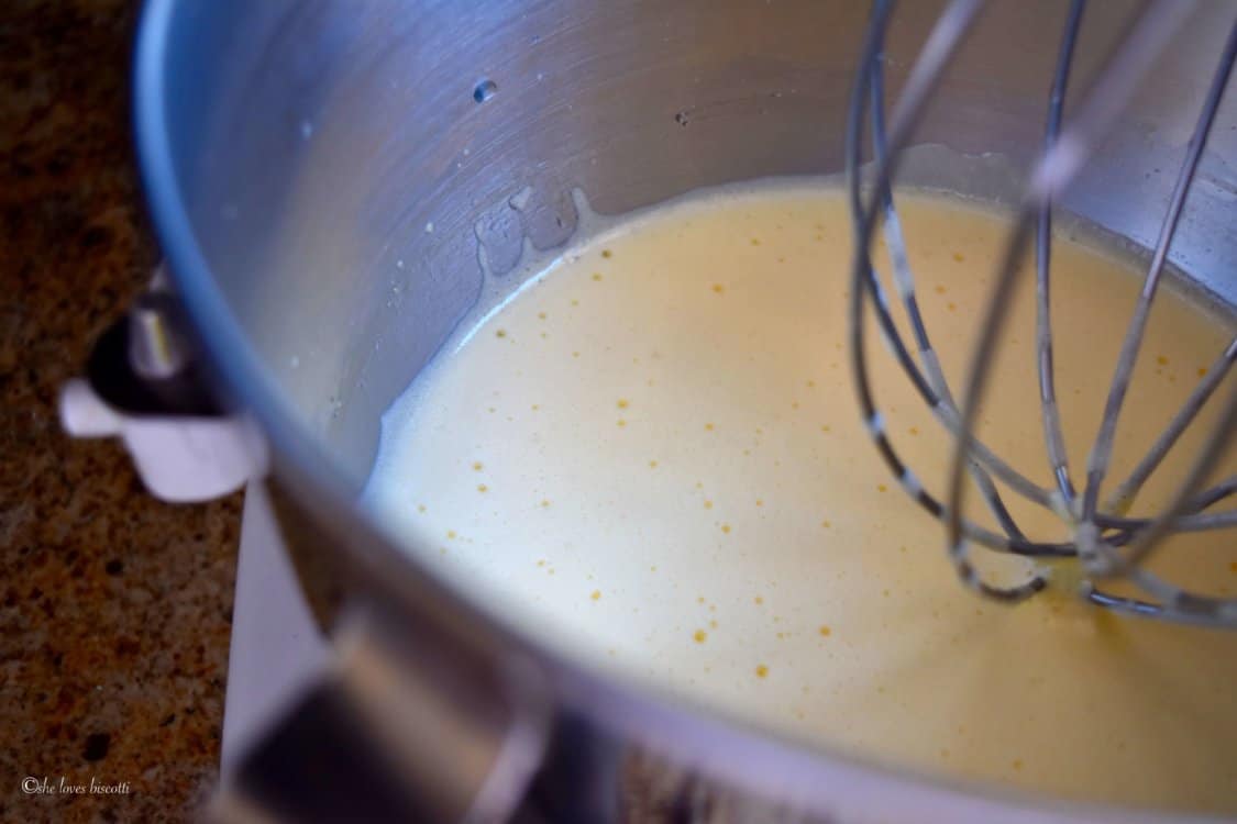 Stainless steel bowl with liquid ingredients for the taralli.