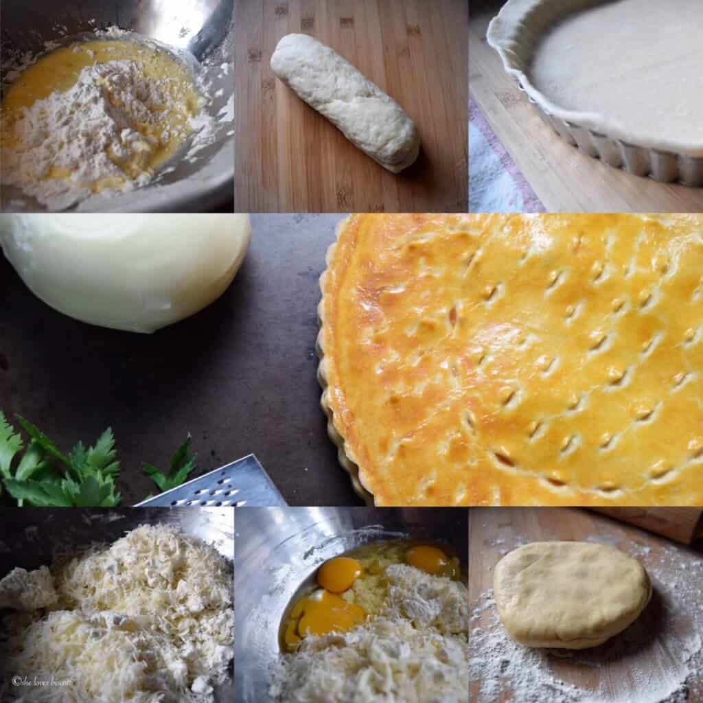 A photo collage of how to make pizza rustica.