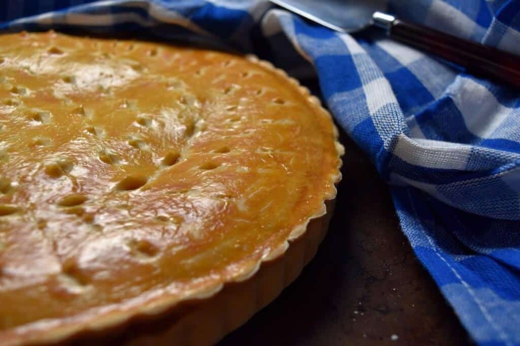 A close up photo of an Italian savory Easter pie.