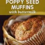 Lemon poppy seed muffins with buttermilk in a wicker basket.