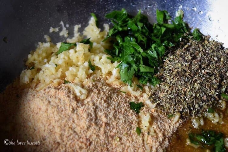 Herbs and spices required to make the crust for the codfish include bread crumbs, garlic, Italian flat leaf parsley, dried oregano and of course some extra virgin olive oil.