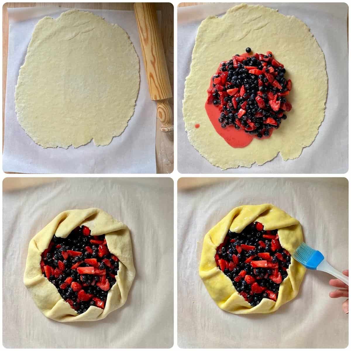 A set of 4 images depicting the process of assembling the crostata.