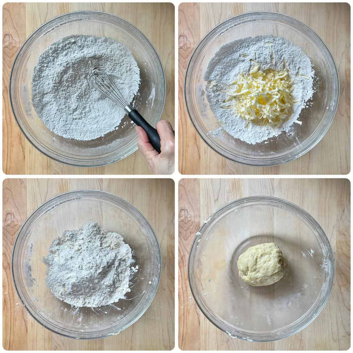 A set of 4 images depicting the process of making the crostata dough. 