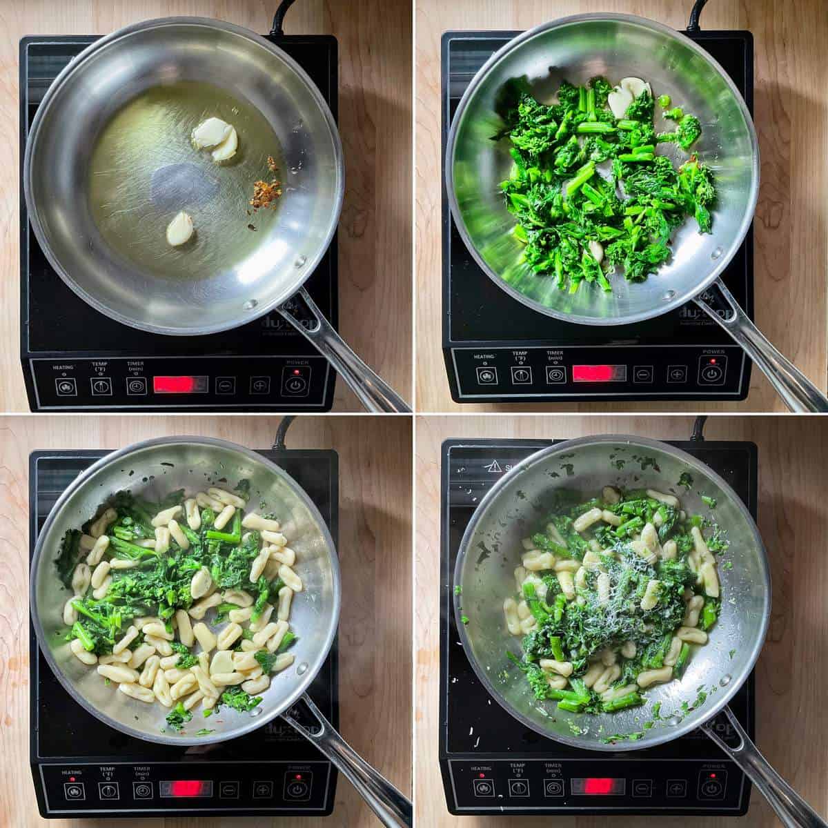 A photo collage of making cavatelli with rapini.