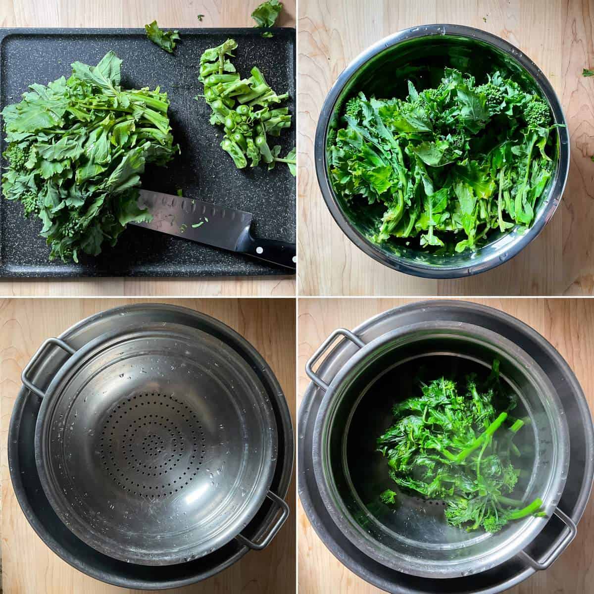A photo collage of blanching broccoli rabe.