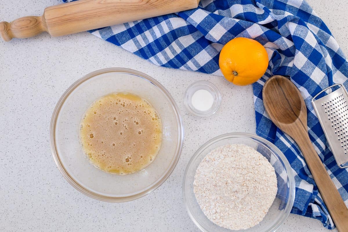 An overhead shot of the dry ingredients required to make the whole wheat cookies.,