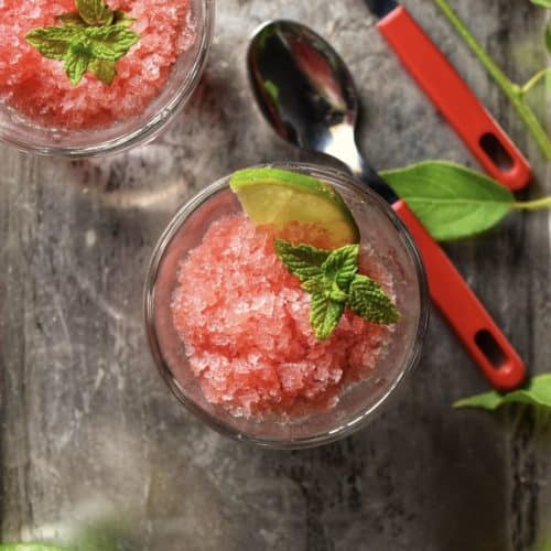 An overhead photo of watermelon Italian ice.