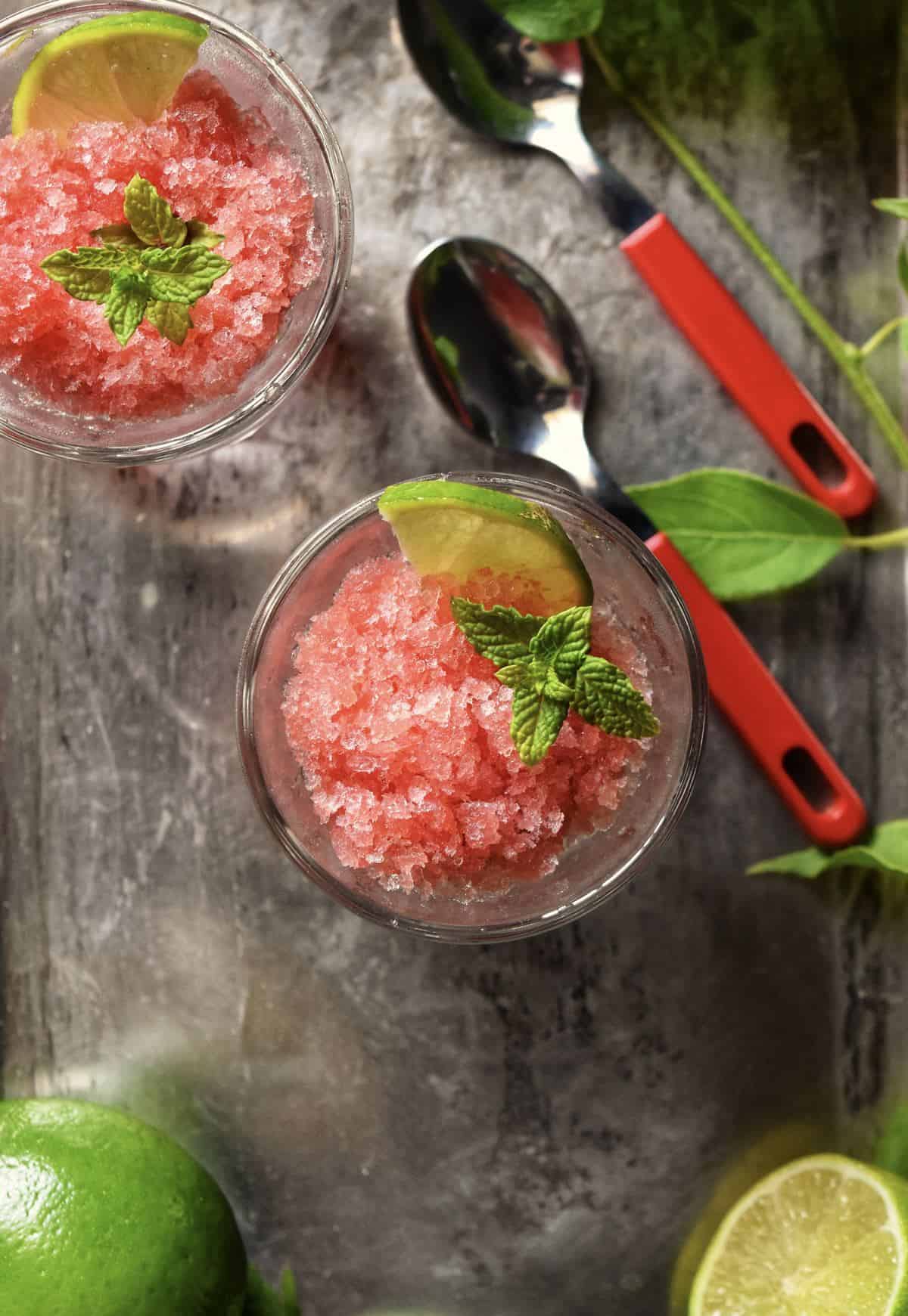 An overhead photo of watermelon Italian ice.