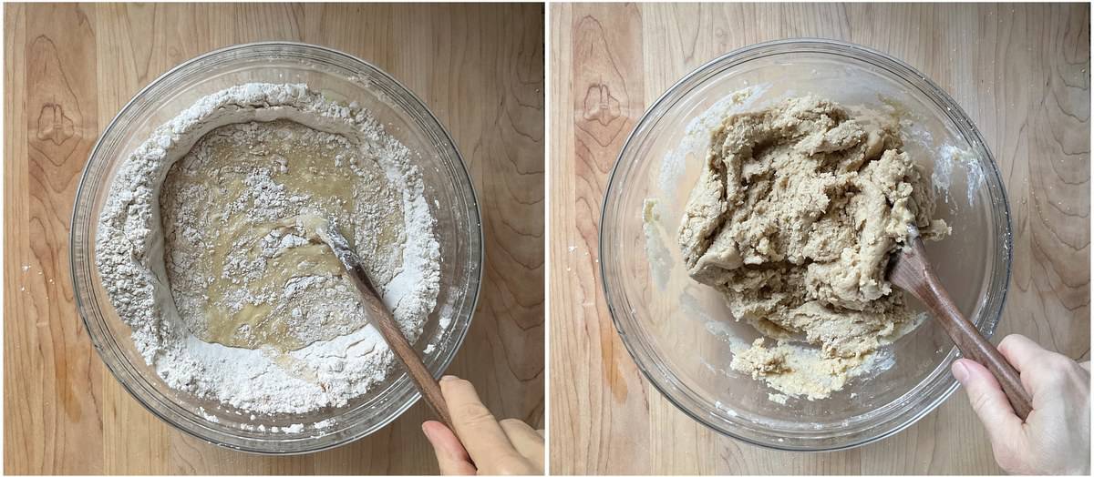 A photo collage of the wet and dry ingredients being combined to make cookies.