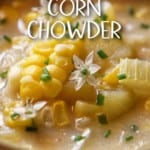 Hearty potato corn chowder in a bowl.