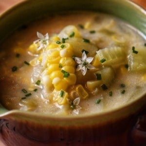 Hearty potato corn chowder in a bowl.