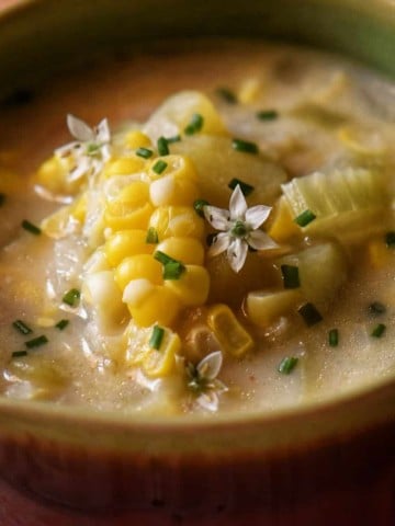 Hearty potato corn chowder in a bowl.