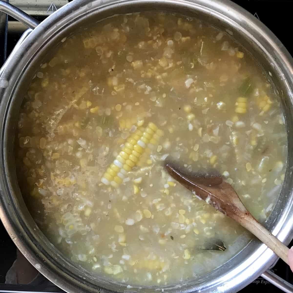 A pot of corn potato chowder. 