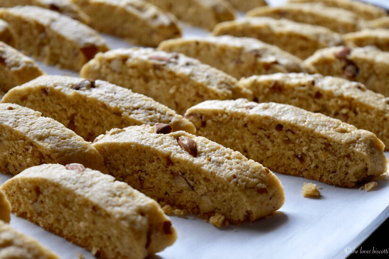 Rows of sliced Almond Biscotti.