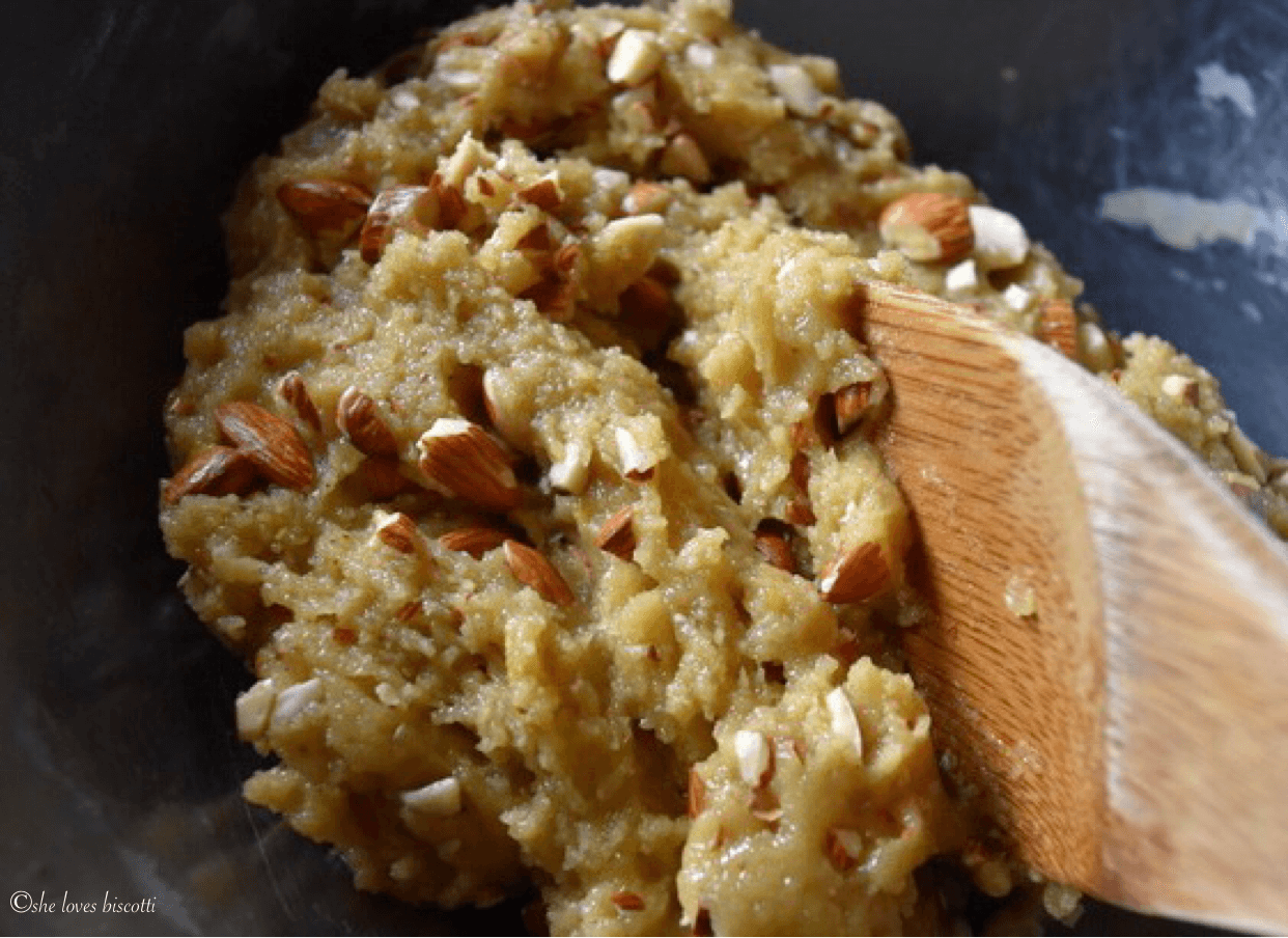 Raw dough for Almond Biscotti being mixed together.