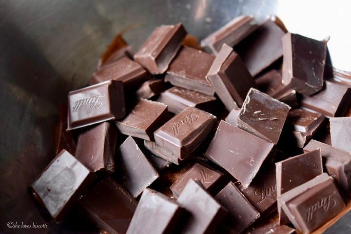 Dark chocolate pieces in a bowl.