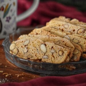 A few crispy almond bread biscotti in a serving dish.