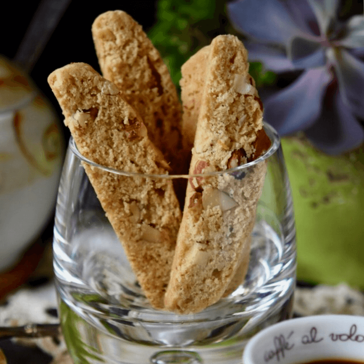 Close up picture of Almond Biscotti in a glass.