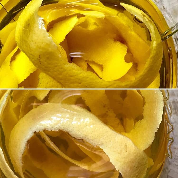 Lemon peels being seeped in alcohol.