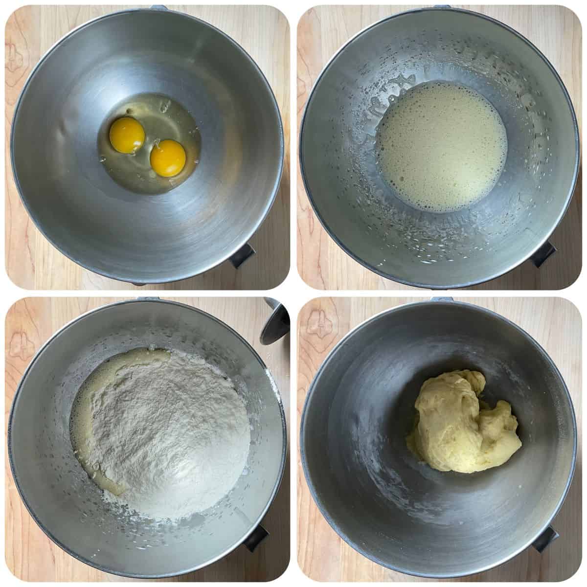 A photo collage of taralli dough being combined in a bowl of a stand mixture.