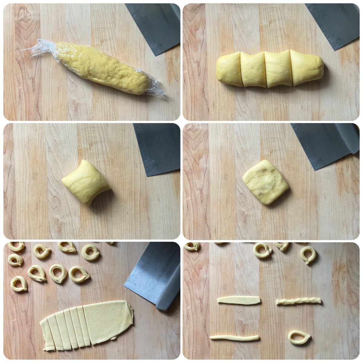 A photo collage of taralli dough being shaped. on a wooden board.