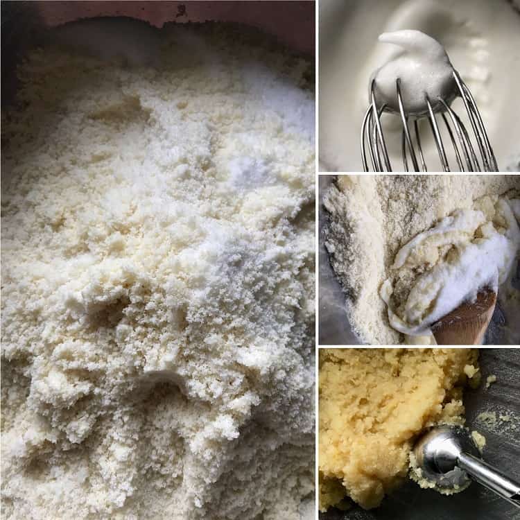 Different steps are shown on the preparation of the amaretti mixture.