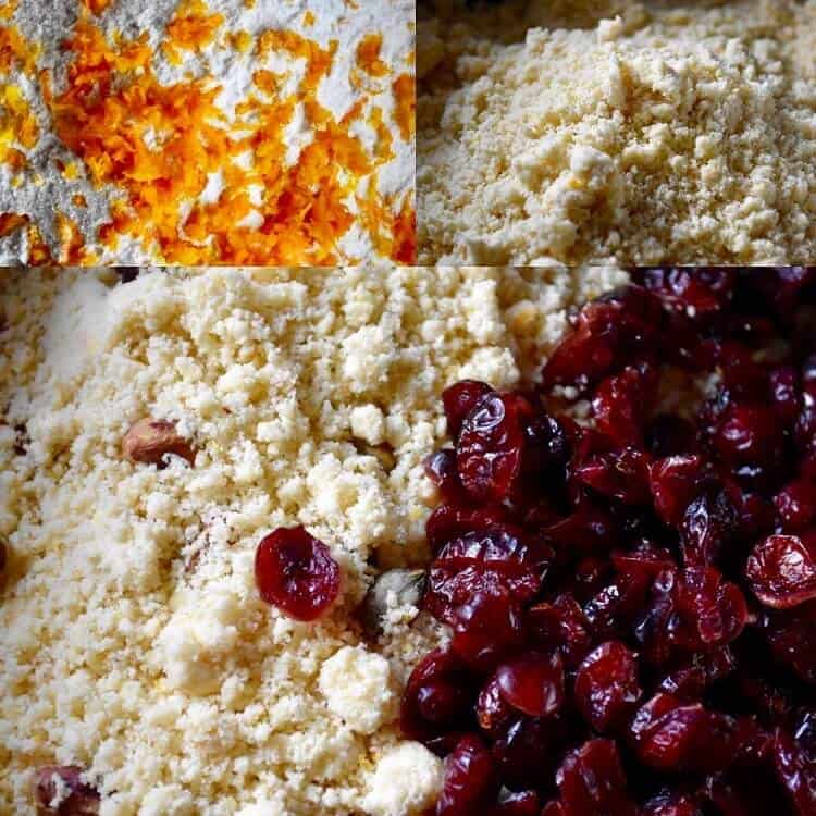 A picture collage showing 1- flour with orange zest 2- flour combined with egg yolks 3- addition of cranberries to the flour 