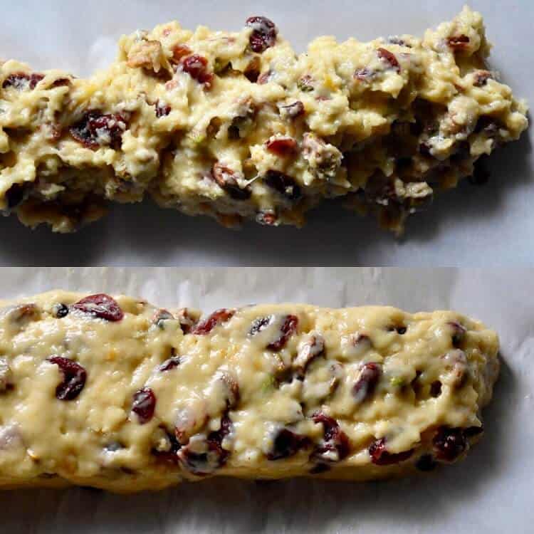 A picture collage showing the biscotti log before and after it is shaped