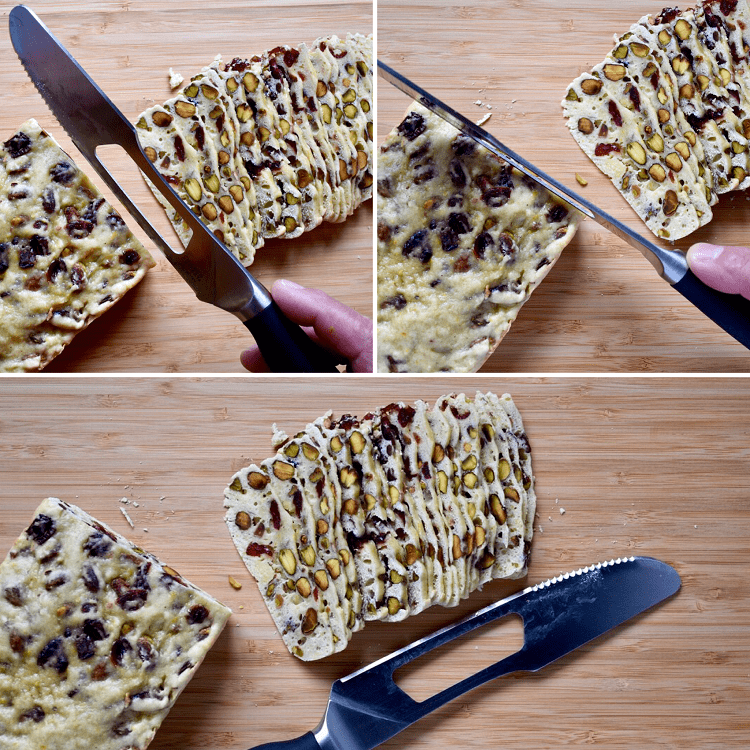 3 pictures in one showing the loaf being cut by a knife called the sandwich hero