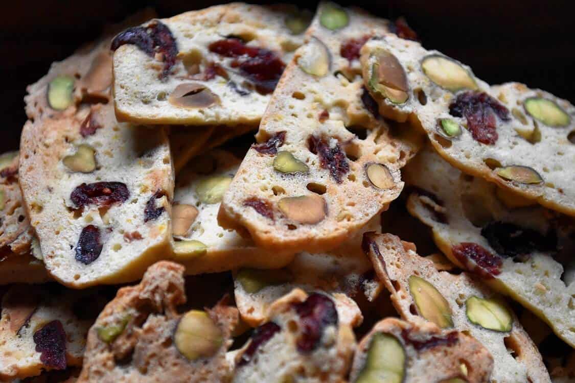 A close up of the colorful biscotti.