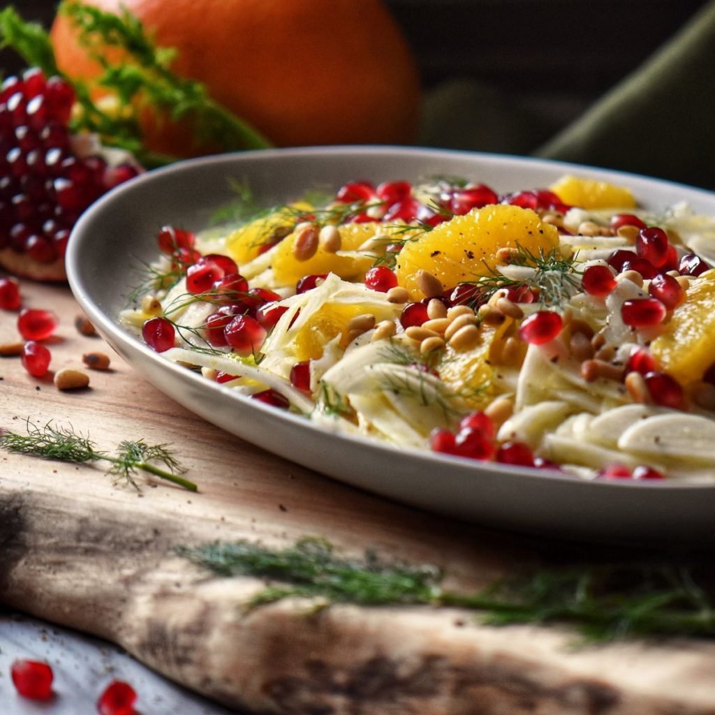 Pomegranate arils, orange sections and thinly sliced fennel in a serving platter.