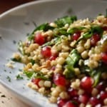 A colorful bowl of the Simple Fregola Spinach Pomegranate Winter Salad is shown.