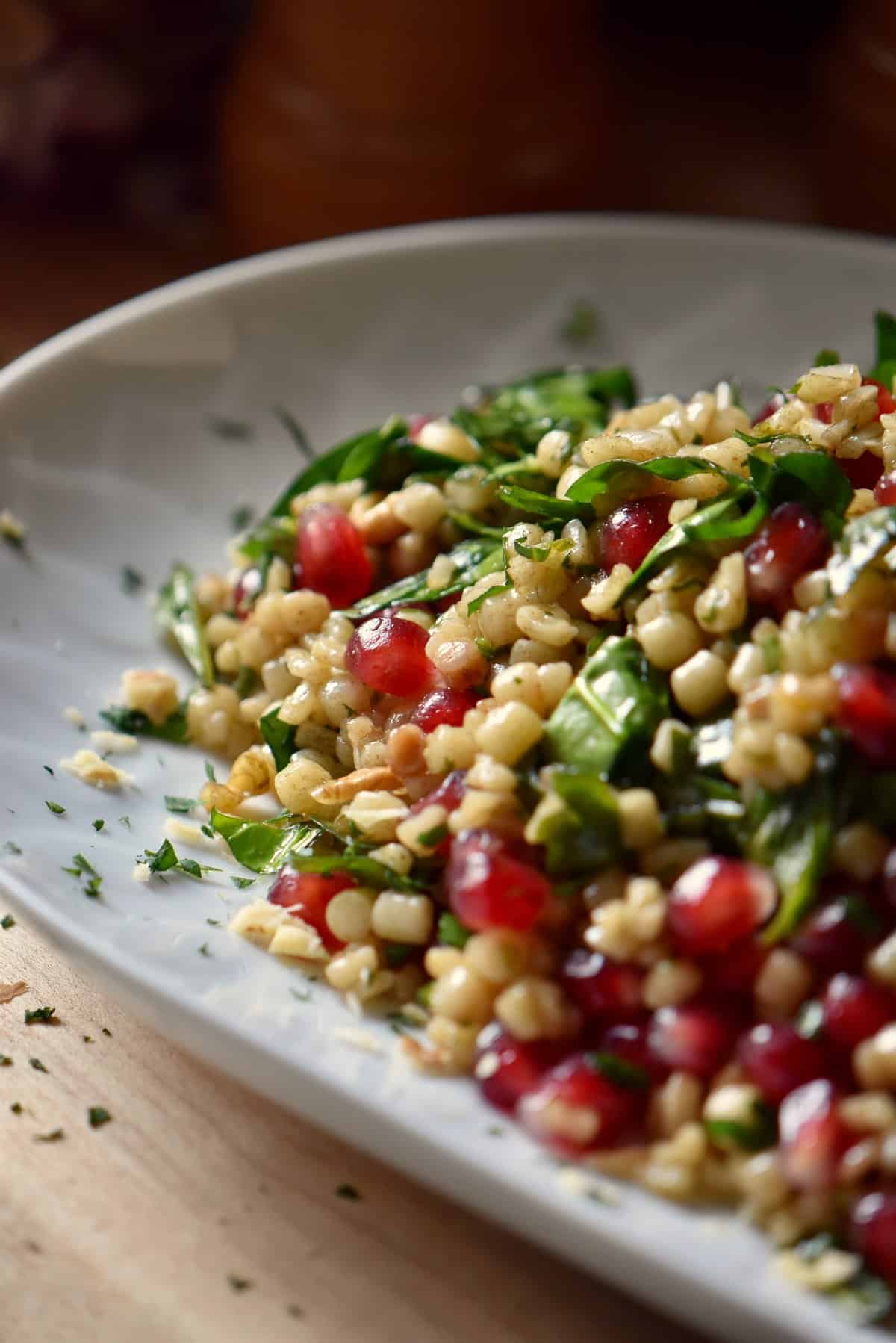 A winter salad in a white serving dish.