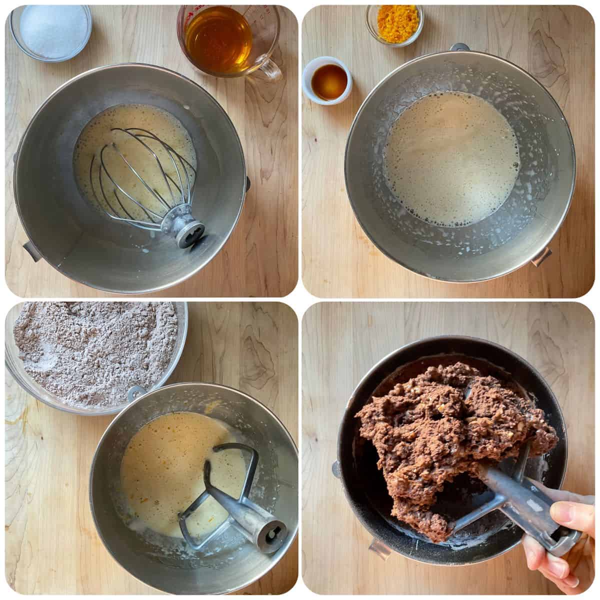 A photo collage of the wet and dry ingredients being combined to make mostaccioli cookies.