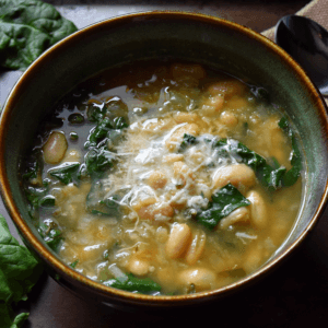 A big bowl of Easy White Kidney Bean and Spinach Soup.