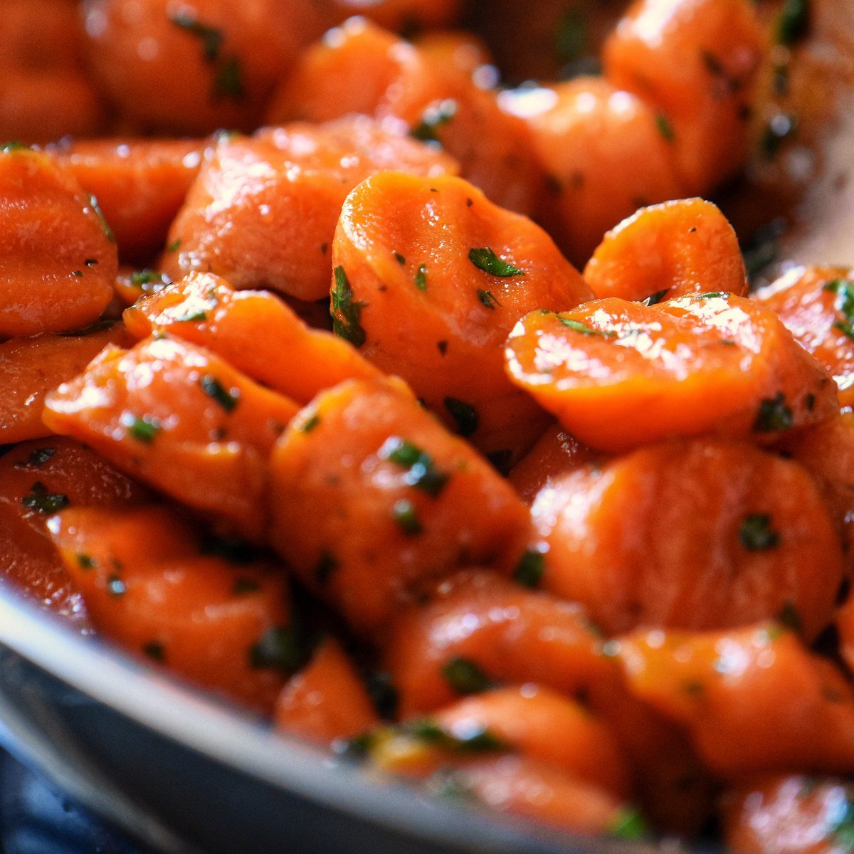 Glazed carrots in a pan.